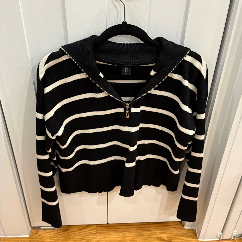 Cynthia Rowley Black and White Striped Half-Zip Sweater